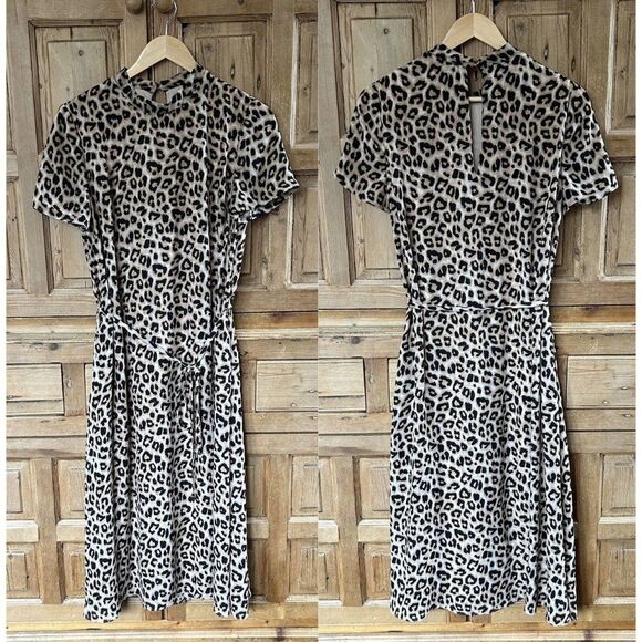 Avec Les Filles 10 Leopard Print Dress Mock Neck Short Sleeve Belted - Picture 1 of 16